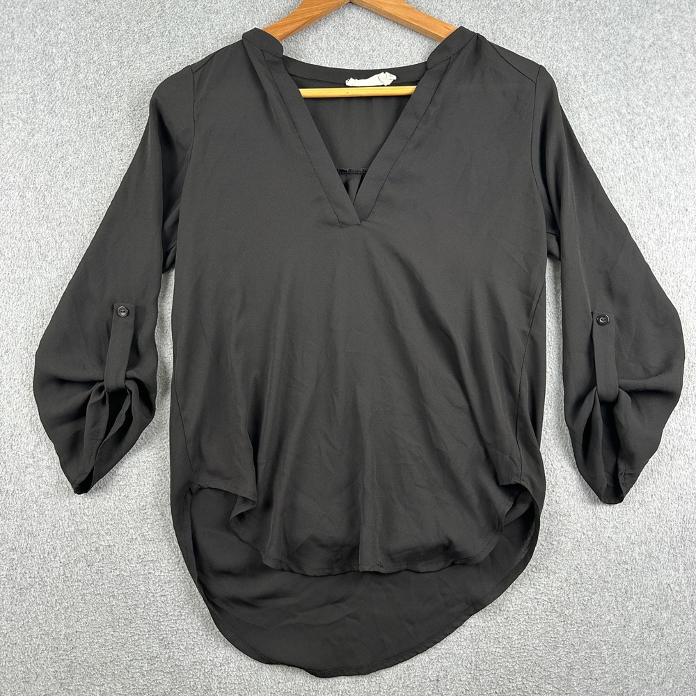 Lush Blouse Womens XS Roll Tab Sleeve Black High Low V-Neck Top